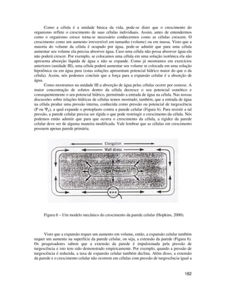 Como a célula é a unidade básica da vida, pode-se dizer que o crescimento do 
organismo reflete o crescimento de suas células individuais. Assim, antes de entendermos 
como o organismo cresce torna-se necessário conhecermos como as células crescem. O 
crescimento como um aumento irreversível em tamanho (volume) ou em massa. Visto que a 
maioria do volume da célula é ocupado por água, pode-se admitir que para uma célula 
aumentar seu volume ela precisa absorver água. Caso uma célula não possa absorver água ela 
não poderá crescer. Por exemplo, se colocamos uma célula em uma solução isotônica ela não 
apresenta absorção líquida de água e não se expande. Como já mostramos em exercícios 
anteriores (unidade III), uma célula poderá aumentar seu volume se colocada em uma solução 
hipotônica ou em água pura (estas soluções apresentam potencial hídrico maior do que o da 
célula). Assim, nós podemos concluir que a força para a expansão celular é a absorção de 
água. 
Como mostramos na unidade III a absorção de água pelas células ocorre por osmose. A 
maior concentração de solutos dentro da célula decresce o seu potencial osmótico e 
consequentemente o seu potencial hídrico, permitindo a entrada de água na célula. Nas nossas 
discussões sobre relações hídricas de células temos mostrado, também, que a entrada de água 
na célula produz uma pressão interna, conhecida como pressão ou potencial de turgescência 
(P ou Yp), a qual expande o protoplasto contra a parede celular (Figura 6). Para resistir a tal 
pressão, a parede celular precisa ser rígida o que pode restringir o crescimento da célula. Nós 
podemos então admitir que para que ocorra o crescimento da célula, a rigidez da parede 
celular deve ser de alguma maneira modificada. Vale lembrar que as células em crescimento 
possuem apenas parede primária. 
182 
Figura 6 – Um modelo mecânico do crescimento da parede celular (Hopkins, 2000). 
Visto que a expansão requer um aumento em volume, então, a expansão celular também 
requer um aumento na superfície da parede celular, ou seja, a extensão da parede (Figura 6). 
Os pesquisadores sabem que a extensão da parede é impulsionada pela pressão de 
turgescência e isto tem sido demonstrado empiricamente. Por exemplo, quando a pressão de 
turgescência é reduzida, a taxa de expansão celular também declina. Além disso, a extensão 
da parede e o crescimento celular não ocorrem em células com pressão de turgescência igual a 
 