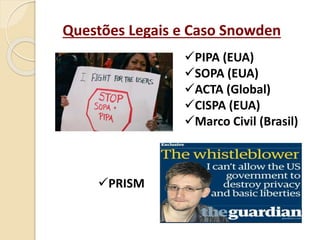 Questões Legais e Caso Snowden
PIPA (EUA)
SOPA (EUA)
ACTA (Global)
CISPA (EUA)
Marco Civil (Brasil)
PRISM
 