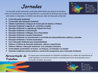 Jornadas
 A Arte Educação Ambiental
 A Juventude pela Educação Ambiental
 Cidades Sustentáveis e Espaços de Construção de Saberes e Práticas
 Educação Ambiental e Agenda 21 : caminhos cruzados
 Educação Ambiental e a agenda pós-Cúpula dos Povos
 Educação Ambiental e Comunicação
 Educação Ambiental e Diálogos com a Diversidade
 Educação Ambiental e Escolas Sustentáveis
 Educação Ambiental no Licenciamento e na Gestão de empreendimentos públicos e privados
 Educação Ambiental e Turismo Sustentável
 Surf e Educação Ambiental para Sustentabilidade
 Políticas e Práticas de Educação Ambiental: saberes e experiências
 Políticas Públicas e Educação Ambiental: uma avaliação necessária
 Universidades Sustentáveis no Ensino, na Pesquisa, na Extensão e na Gestão
 Visitando tendências teórico-práticas e construindo perspectivas para a Educação Ambiental
As Jornadas serão momentos conduzidos pelas Redes que atuam na temática,
como um momento de troca de experiências e construção de diretrizes para ações
articuladas e integradas no âmbito das diversas redes de educação ambiental.
Apresentação de
Trabalhos
As regras para apresentação de trabalhos acadêmicos ou relatos de experiências já
estão definidas e em breve será aberto o período para envio de propostas para a
Comissão Científica do evento.
 