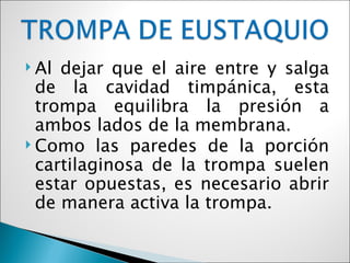  Al dejar que el aire entre y salga
  de la cavidad timpánica, esta
  trompa equilibra la presión a
  ambos lados de la membrana.
 Como las paredes de la porción
  cartilaginosa de la trompa suelen
  estar opuestas, es necesario abrir
  de manera activa la trompa.
 