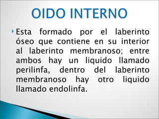  Esta  formado por el laberinto
 óseo que contiene en su interior
 al laberinto membranoso; entre
 ambos hay un liquido llamado
 perilinfa, dentro del laberinto
 membranoso hay otro liquido
 llamado endolinfa.
 