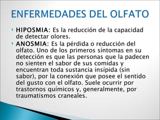    HIPOSMIA: Es la reducción de la capacidad
    de detectar olores.
   ANOSMIA: Es la pérdida o reducción del
    olfato. Uno de los primeros síntomas en su
    detección es que las personas que la padecen
    no sienten el sabor de sus comidas y
    encuentran toda sustancia insípida (sin
    sabor), por la conexión que posee el sentido
    del gusto con el olfato. Suele ocurrir por
    trastornos químicos y, generalmente, por
    traumatismos craneales.
 