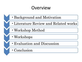 Overview
• Background and Motivation
• Literature Review and Related works
•Workshop Method
•Workshops
• Evaluation and Discussion
•Conclusion
 