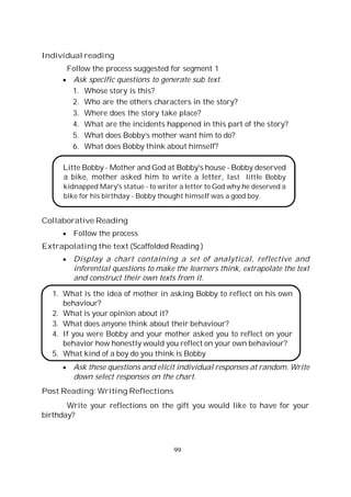 99
Individual reading
Follow the process suggested for segment 1
Ask specific questions to generate sub text.
1. Whose story is this?
2. Who are the others characters in the story?
3. Where does the story take place?
4. What are the incidents happened in this part of the story?
5. What does Bobby’s mother want him to do?
6. What does Bobby think about himself?
Litte Bobby - Mother and God at Bobby's house - Bobby deserved
a bike, mother asked him to write a letter, last little Bobby
kidnapped Mary's statue - to writer a letter to God why he deserved a
bike for his birthday - Bobby thought himself was a good boy.
Collaborative Reading
Follow the process
Extrapolating the text (Scaffolded Reading )
Display a chart containing a set of analytical, reflective and
inferential questions to make the learners think, extrapolate the text
and construct their own texts from it.
1. What is the idea of mother in asking Bobby to reflect on his own
behaviour?
2. What is your opinion about it?
3. What does anyone think about their behaviour?
4. If you were Bobby and your mother asked you to reflect on your
behavior how honestly would you reflect on your own behaviour?
5. What kind of a boy do you think is Bobby
Ask these questions and elicit individual responses at random. Write
down select responses on the chart.
Post Reading: Writing Reflections
Write your reflections on the gift you would like to have for your
birthday?
 