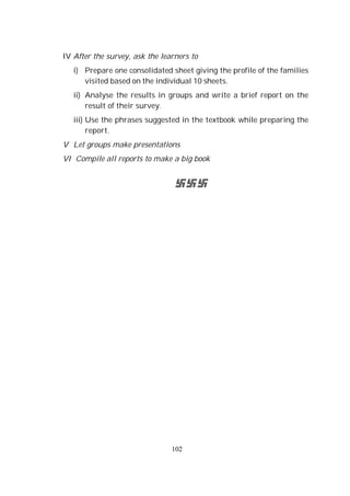 102
IV After the survey, ask the learners to
i) Prepare one consolidated sheet giving the profile of the families
visited based on the individual 10 sheets.
ii) Analyse the results in groups and write a brief report on the
result of their survey.
iii) Use the phrases suggested in the textbook while preparing the
report.
V Let groups make presentations
VI Compile all reports to make a big book
 