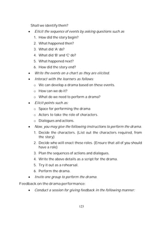 123
Shall we identify them?
Elicit the sequence of events by asking questions such as
1. How did the story begin?
2. What happened then?
3. What did ‘A’ do?
4. What did ‘B’ and ‘C’ do?
5. What happened next?
6. How did the story end?
Write the events on a chart as they are elicited.
Interact with the learners as follows:
o We can develop a drama based on these events.
o How can we do it?
o What do we need to perform a drama?
Elicit points such as:
o Space for performing the drama
o Actors to take the role of characters.
o Dialogues and actions.
Now, you may give the following instructions to perform the drama.
1. Decide the characters. (List out the characters required, from
the story)
2. Decide who will enact these roles. (Ensure that all of you should
have a role)
3. Plan the sequences of actions and dialogues.
4. Write the above details as a script for the drama.
5. Try it out as a rehearsal.
6. Perform the drama.
Invite one group to perform the drama.
Feedback on the drama performance:
Conduct a session for giving feedback in the following manner:
 