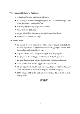 12
9. C. Reading (Extensive Reading):
A. Reading
extensive reading text
Story / text
Feedback
10. Proect Work
(Reading, writ-
ing, speaking and listening) .
project
project work
present
groups feedback
feedback
display
 
