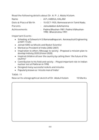 161
Read the following details about Dr. A. P. J. Abdul Kalam.
Name : A.P.J.ABDUL KALAM
Date & Place of Birth : 15-OCT-1935, Rameswaram in Tamil Nadu.
Parents : Jainulabdeen &Ashiamma
Achievements : Padma Bhushan-1981; Padma Vibhushan-
1990; Bharatratna-1997.
Important Events :
Schooling at Schwartz H.S.Ramanadhapuram, Aeronautical Engineering
at MIT.Trichi.
Joined ISRO as Missile and Rocket Scientist
Worked as President of India (2002-2007)
Inspiration to others /Message to society: -Proposed a mission plan to
develop India by 2020 (Vision-2020)
Inspired children all over the country by calling them “the future of the
country”
Contribution to his field and society : -Played important role in Indian
nuclear test at Pokhran in 1998.
Designed many successful rockets and missiles
Popularly known as “missile man of India”
TASK- 11
Now write a biographical sketch of Dr. Abdul Kalam 10 Marks
 