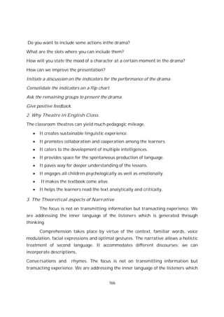 166
Do you want to include some actions inthe drama?
What are the slots where you can include them?
How will you state the mood of a character at a certain moment in the drama?
How can we improve the presentation?
Initiate a discussion on the indicators for the performance of the drama.
Consolidate the indicators on a flip chart.
Ask the remaining groups to present the drama.
Give positive feedback.
2. Why Theatre in English Class
The classroom theatres can yield much pedagogic mileage.
It creates sustainable linguistic experience.
It promotes collaboration and cooperation among the learners
It caters to the development of multiple intelligences.
It provides space for the spontaneous production of language.
It paves way for deeper understanding of the lessons.
It engages all children psychologically as well as emotionally.
It makes the textbook come alive.
It helps the learners read the text analytically and critically.
3. The Theoretical aspects of Narrative
The focus is not on transmitting information but transacting experience. We
are addressing the inner language of the listeners which is generated through
thinking.
Comprehension takes place by virtue of the context, familiar words, voice
modulation, facial expressions and optimal gestures. The narrative allows a holistic
treatment of second language. It accommodates different discourses; we can
incorporate descriptions,
Conversations and rhymes. The focus is not on transmitting information but
transacting experience. We are addressing the inner language of the listeners which
 