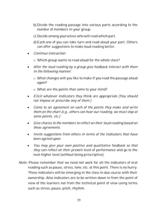 29
b) Divide the reading passage into various parts according to the
number of members in your group.
c) Decide among yourselves who will read which part.
d) Each one of you can take turn and read aloud your part. Others
can offer suggestions to make loud reading better.
Continue interaction
o Which group wants to read aloud for the whole class?
After the loud reading by a group give feedback interact with them
in the following manner:
o What changes will you like to make if you read the passage aloud
again?
o What are the points that come to your mind?
Elicit whatever indicators they think are appropriate (You should
not impose or prescribe any of them.)
Come to an agreement on each of the points they make and write
them on the chart (e.g., others can hear our reading, we must stop at
some points, etc.)
Give chance to the members to reflect on their loud reading based on
these agreements.
Invite suggestions from others in terms of the indicators that have
been agreed upon.
You may give your own positive and qualitative feedback so that
they can reflect on their present level of performance and go to the
next higher level (without being prescriptive).
Note: Please remember that we need not work for all the indicators of oral
reading such as pause, stress, tone, etc. at this point. There is no hurry.
These indicators will be emerging in the class in due course with their
ownership. Also indicators are to be written down in from the point of
view of the learners not from the technical point of view using terms
such as stress, pause, pitch, rhythm.
 