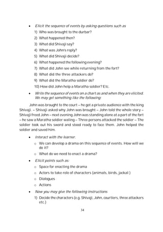 34
Elicit the sequence of events by asking questions such as
1) Who was brought to the durbar?
2) What happened then?
3) What did Shivaji say?
4) What was John’s reply?
5) What did Shivaji decide?
6) What happened the following evening?
7) What did John see while returning from the fort?
8) What did the three attackers do?
9) What did the Maratha soldier do?
10) How did John help a Maratha soldier? Etc.
Write the sequence of events on a chart as and when they are elicited.
We may get something like the following:
John was brought to the court – he got a private audience with the king
Shivaji. – Shivaji asked why John was brought – John told the whole story –
Shivaji freed John – next evening John was standing alone at a part of the fort
– he saw a Maratha soldier waling – Three persons attacked the soldier – The
soldier took out his sword and stood ready to face them. John helped the
soldier and saved him.
Interact with the learner.
o We can develop a drama on this sequence of events. How will we
do it?
o What do we need to enact a drama?
Elicit points such as:
o Space for enacting the drama
o Actors to take role of characters (animals, birds, jackal )
o Dialogues
o Actions
Now you may give the following instructions
1) Decide the characters (e.g. Shivaji, John, courtiers, three attackers
etc.)
 