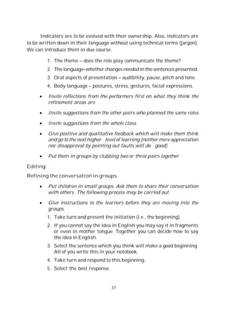 37
Indicators are to be evolved with their ownership. Also, indicators are
to be written down in their language without using technical terms (jargon).
We can introduce them in due course.
1. The theme – does the role play communicate the theme?
2. The language–whether changes needed in the sentences presented.
3. Oral aspects of presentation – audibility, pause, pitch and tone.
4. Body language – postures, stress, gestures, facial expressions.
Invite reflections from the performers first on what they think the
refinement areas are.
Invite suggestions from the other pairs who planned the same roles
Invite suggestions from the whole class.
Give positive and qualitative feedback which will make them think
and go to the next higher level of learning (neither mere appreciation
nor disapproval by pointing out faults will do good).
Put them in groups by clubbing two or three pairs together
Editing:
Refining the conversation in groups
Put children in small groups. Ask them to share their conversation
with others. The following process may be carried out.
Give instructions to the learners before they are moving into the
groups.
1. Take turn and present the initiation (i.e., the beginning).
2. If you cannot say the idea in English you may say it in fragments
or even in mother tongue. Together you can decide how to say
the idea in English.
3. Select the sentence which you think will make a good beginning.
All of you write this in your notebook.
4. Take turn and respond to this beginning.
5. Select the best response.
 