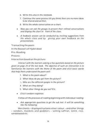 38
6. Write this also in the notebook.
7. Continue the same process till you think there are no more ideas
to be shared and written.
8. Write the whole conversation on a chart.
Now you can ask the groups to present their refined conversations
and display the chart in front of the class.
A feedback session can be conducted by inviting suggestions from
the whole class and by giving your own feedback on the
presentations.
Transacting the poem:
In the Bazaars of Hyderabad
Pre- Reading
Process:
Interaction based on the picture:
Interact with the learners asking a few questions based on the picture
given on page 25 of the text book. The objective of such an interaction is to
familiarize the learners with the theme of the poem and elicit basic words
that help them understand the poem well.
1. What is the poem about?
2. What ideas do you get from the picture?
3. Who are the different people in the picture?
4. What are they doing?
5. What other things do you see? Etc.
Elicit random responses
Follow all the processes of reading beginning with individual reading.
Ask appropriate questions to get the sub text; it will be something
like the following:
Merchants – displayed turbans silver colour – and other things
– vendors, maidens and peddlers – selling saffron, lentil, rice,
sandalwood etc.
 