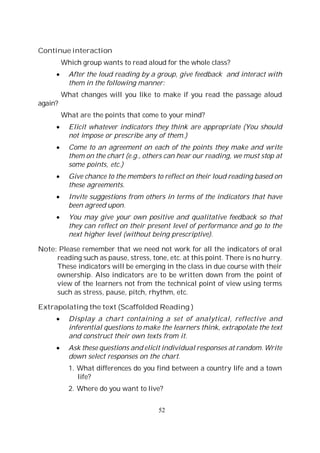 52
Continue interaction
Which group wants to read aloud for the whole class?
After the loud reading by a group, give feedback and interact with
them in the following manner:
What changes will you like to make if you read the passage aloud
again?
What are the points that come to your mind?
Elicit whatever indicators they think are appropriate (You should
not impose or prescribe any of them.)
Come to an agreement on each of the points they make and write
them on the chart (e.g., others can hear our reading, we must stop at
some points, etc.)
Give chance to the members to reflect on their loud reading based on
these agreements.
Invite suggestions from others in terms of the indicators that have
been agreed upon.
You may give your own positive and qualitative feedback so that
they can reflect on their present level of performance and go to the
next higher level (without being prescriptive).
Note: Please remember that we need not work for all the indicators of oral
reading such as pause, stress, tone, etc. at this point. There is no hurry.
These indicators will be emerging in the class in due course with their
ownership. Also indicators are to be written down from the point of
view of the learners not from the technical point of view using terms
such as stress, pause, pitch, rhythm, etc.
Extrapolating the text (Scaffolded Reading )
Display a chart containing a set of analytical, reflective and
inferential questions to make the learners think, extrapolate the text
and construct their own texts from it.
Ask these questions and elicit individual responses at random. Write
down select responses on the chart.
1. What differences do you find between a country life and a town
life?
2. Where do you want to live?
 