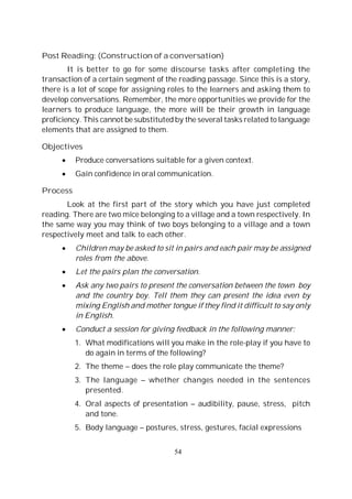 54
Post Reading: (Construction of a conversation)
It is better to go for some discourse tasks after completing the
transaction of a certain segment of the reading passage. Since this is a story,
there is a lot of scope for assigning roles to the learners and asking them to
develop conversations. Remember, the more opportunities we provide for the
learners to produce language, the more will be their growth in language
proficiency. This cannot be substituted by the several tasks related to language
elements that are assigned to them.
Objectives
Produce conversations suitable for a given context.
Gain confidence in oral communication.
Process
Look at the first part of the story which you have just completed
reading. There are two mice belonging to a village and a town respectively. In
the same way you may think of two boys belonging to a village and a town
respectively meet and talk to each other.
Children may be asked to sit in pairs and each pair may be assigned
roles from the above.
Let the pairs plan the conversation.
Ask any two pairs to present the conversation between the town boy
and the country boy. Tell them they can present the idea even by
mixing English and mother tongue if they find it difficult to say only
in English.
Conduct a session for giving feedback in the following manner:
1. What modifications will you make in the role-play if you have to
do again in terms of the following?
2. The theme – does the role play communicate the theme?
3. The language – whether changes needed in the sentences
presented.
4. Oral aspects of presentation – audibility, pause, stress, pitch
and tone.
5. Body language – postures, stress, gestures, facial expressions
 