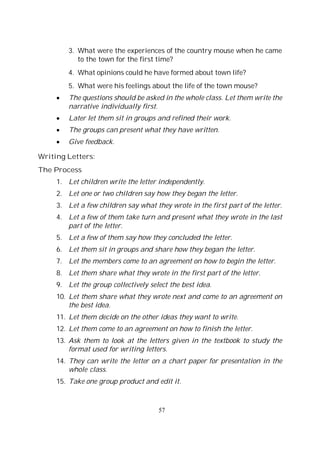 57
3. What were the experiences of the country mouse when he came
to the town for the first time?
4. What opinions could he have formed about town life?
5. What were his feelings about the life of the town mouse?
The questions should be asked in the whole class. Let them write the
narrative individually first.
Later let them sit in groups and refined their work.
The groups can present what they have written.
Give feedback.
Writing Letters:
The Process
1. Let children write the letter independently.
2. Let one or two children say how they began the letter.
3. Let a few children say what they wrote in the first part of the letter.
4. Let a few of them take turn and present what they wrote in the last
part of the letter.
5. Let a few of them say how they concluded the letter.
6. Let them sit in groups and share how they began the letter.
7. Let the members come to an agreement on how to begin the letter.
8. Let them share what they wrote in the first part of the letter.
9. Let the group collectively select the best idea.
10. Let them share what they wrote next and come to an agreement on
the best idea.
11. Let them decide on the other ideas they want to write.
12. Let them come to an agreement on how to finish the letter.
13. Ask them to look at the letters given in the textbook to study the
format used for writing letters.
14. They can write the letter on a chart paper for presentation in the
whole class.
15. Take one group product and edit it.
 