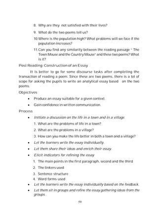 59
8. Why are they not satisfied with their lives?
9. What do the two poems tell us?
10.Where is the population high? What problems will we face if the
population increases?
11.Can you find any similarity between the reading passage “ The
Town Mouse and the Country Mouse” and these two poems? What
is it?
Post Reading: Construction of an Essay
It is better to go for some discourse tasks after completing the
transaction of reading a poem. Since these are two poems, there is a lot of
scope for asking the pupils to write an analytical essay based on the two
poems.
Objectives
Produce an essay suitable for a given context.
Gain confidence in written communication.
Process
Initiate a discussion on the life in a town and in a village.
1. What are the problems of life in a town?
2. What are the problems in a village?
3. How can you make the life better in both a town and a village?
Let the learners write the essay individually.
Let them share their ideas and enrich their essay.
Elicit indicators for refining the essay
1. The main points in the first paragraph, second and the third
2. The linkers used
3. Sentence structure
4. Word forms used
Let the learners write the essay individually based on the feedback.
Let them sit in groups and refine the essay gathering ideas from the
groups.
 