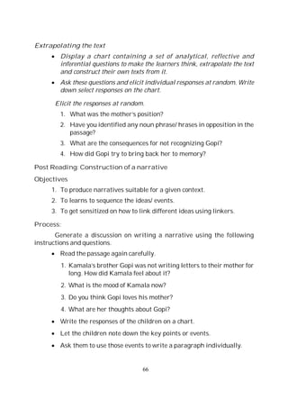 66
Extrapolating the text
Display a chart containing a set of analytical, reflective and
inferential questions to make the learners think, extrapolate the text
and construct their own texts from it.
Ask these questions and elicit individual responses at random. Write
down select responses on the chart.
Elicit the responses at random.
1. What was the mother’s position?
2. Have you identified any noun phrase/ hrases in opposition in the
passage?
3. What are the consequences for not recognizing Gopi?
4. How did Gopi try to bring back her to memory?
Post Reading: Construction of a narrative
Objectives
1. To produce narratives suitable for a given context.
2. To learns to sequence the ideas/ events.
3. To get sensitized on how to link different ideas using linkers.
Process:
Generate a discussion on writing a narrative using the following
instructions and questions.
Read the passage again carefully.
1. Kamala’s brother Gopi was not writing letters to their mother for
long. How did Kamala feel about it?
2. What is the mood of Kamala now?
3. Do you think Gopi loves his mother?
4. What are her thoughts about Gopi?
Write the responses of the children on a chart.
Let the children note down the key points or events.
Ask them to use those events to write a paragraph individually.
 