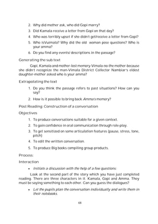 68
2. Why did mother ask, who did Gopi marry?
3. Did Kamala receive a letter from Gopi on that day?
4. Who was terribly upset if she didn’t get/receive a letter from Gopi?
5. Who isVuimala? Why did the old woman pose questions? Who is
your amma?
6. Do you find any events/ descriptions in the passage?
Generating the sub text
Gopi, Kamala and mother-lost memory-Vimala-no-the mother-because
she didn’t recognize the man-Vimala District Collector Nambiar’s eldest
daughter-mother asked who is your amma?
Extrapolating the text
1. Do you think the passage refers to past situations? How can you
say?
2. How is it possible to bring back Amma’s memory?
Post Reading: Construction of a conversation
Objectives
1. To produce conversations suitable for a given context.
2. To gain confidence in oral communication through role-play.
3. To get sensitized on some articulation features (pause, stress, tone,
pitch)
4. To edit the written conversation.
5. To produce Big books compiling group products.
Process:
Interaction
Initiate a discussion with the help of a few questions:
Look at the second part of the story which you have just completed
reading. There are three characters in it. Kamala, Gopi and Amma. They
must be saying something to each other. Can you guess the dialogues?
Let the pupils plan the conversation individually and write them in
their notebooks.
 