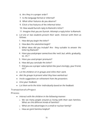 75
6. Are they in a proper order?
7. Is the language formal or informal?
8. What other features do you observe?
9. Elicit a few features of the informal letter.
10. How would Suresh reply to Ramesh’s letter?
11. Imagine that you are Suresh. Attempt a reply letter to Ramesh.
Let one or two students present their work. Interact with them as
follows.
1. How did you begin the letter?
2. How does the salutation begin?
3. What ideas did you include? Are they suitable to answer the
letter by Ramesh?
4. Have you used proper connectives like ‘well, but, while, gradually,
so, etc.?
5. Have you used proper pronouns?
6. How did you conclude the letter?
7. Did you use a proper subscription like yours lovingly, your friend,
etc?
Let the children sit in groups and refine their work.
Ask the groups to present what they have worked out.
Invite suggestions on refinement from the presenters.
Give your feedback.
Let them write the letter individually based on the feedback.
Transaction of a Project:
Process:
Interact with the children in the following manner:
o We see many people around us living with their own families.
What are the different kinds of families?
o What are the advantages in a small or nuclear family?
o How are joint families helpful?
 