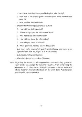 76
o Are there any disadvantages of living in a joint family?
o Now look at the project given under Project Work exercise on
page 16.
o Now, answer these questions :
Display the following questions on a chart:
1. How will you do the project?
2. Where will you get the information from?
3. Who will collect the information?
4. How will you share the information?
5. How will you record the data?
6. What questions will you ask for discussion?
Let them write down their points individually and come to an
agreement on how the project is to be carried out.
Let groups make presentations.
Compile all reports to make a big book.
Note: Regarding the transaction of components such as vocabulary, grammar,
study skills, etc. assign the task individually. After completing the
individual work, children can sit in groups and share their work with
others. Teachers may give feedback on the work done. Avoid explicit
teaching of these components.
@@@
 