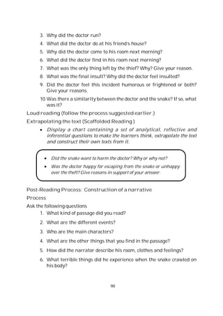 90
3. Why did the doctor run?
4. What did the doctor do at his friend’s house?
5. Why did the doctor come to his room next morning?
6. What did the doctor find in his room next morning?
7. What was the only thing left by the thief? Why? Give your reason.
8. What was the final insult? Why did the doctor feel insulted?
9. Did the doctor feel this incident humorous or frightened or both?
Give your reasons.
10.Was there a similarity between the doctor and the snake? If so, what
was it?
Loud reading (follow the process suggested earlier.)
Extrapolating the text (Scaffolded Reading )
Display a chart containing a set of analytical, reflective and
inferential questions to make the learners think, extrapolate the text
and construct their own texts from it.
Did the snake want to harm the doctor? Why or why not?
Was the doctor happy for escaping from the snake or unhappy
over the theft? Give reasons in support of your answer.
Post-Reading Process: Construction of a narrative
Process
Ask the following questions
1. What kind of passage did you read?
2. What are the different events?
3. Who are the main characters?
4. What are the other things that you find in the passage?
5. How did the narrator describe his room, clothes and feelings?
6. What terrible things did he experience when the snake crawled on
his body?
 