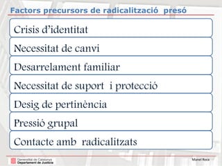 Manel Roca
Factors precursors de radicalització presó
Crisis d’identitat
Necessitat de canvi
Desarrelament familiar
Necess...
