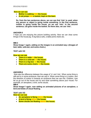 PES/ENG/VIII/055


Now we can see
  • Mother is walking into the house.
  • A cat jumps into a basket, kept on the lawn.

   So, from the two sentences above, we can see that ‘into’ is used, when
   any person or object is going inside something. In the first sentence,
   mother is going inside the house ,so we use ‘into’. In the second
   sentence, cat goes inside the basket. So there also, we use ‘into’.


ANCHOR-5
I hope you are enjoying the picture building activity. Now we can draw some
things in the house,eg. A big bed,a sofa, a table,some chairs etc.


MM-3
Show Image 1 again, adding on the images in an animated way---(Images of
bed, table, sofa-set, and some chairs.)

TEXT with VO

Now we can see
  • There is a table in the house.
  • There is a sofa-set in the house.
  • There is a big box in the house
  • There are some chairs in the house.



ANCHOR-6
 Now see the difference between the usage of ‘in’ and ‘into’. When some thing is
still and is in some enclosure, then we use in. When some thing is in motion, and
the direction of motion is towards an enclosure then we use into. Children, now
let us go out of the house and try and draw something above your house. For
example, an aeroplane, a bird, some clouds.
MM-4
Show Image-1 again, now adding on animated pictures of an aeroplane, a
bird and blobs of cloud floating.

TEXT with VO
Now we can see
  • An aeroplane is flying above the house.
  • A bird is flying above the house.
  • Some clouds are floating above the house.



                                       3
 
