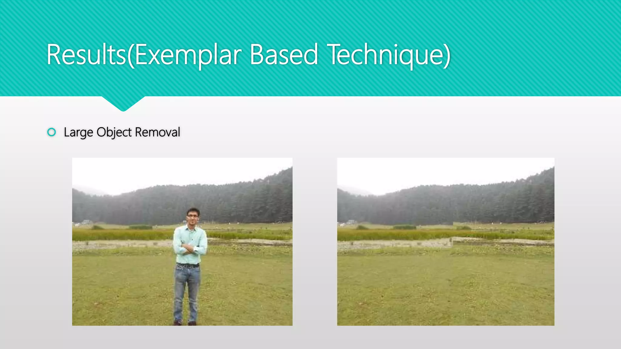 Results(Exemplar Based Technique)
 Large Object Removal
 