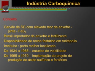Resultados 
Indústria Carboquímica 
Em 13 anos de operação consumiu 2,3 
milhões de toneladas de pirita 
Em 1985 e 88 atin...