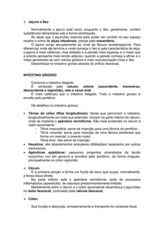  Jejuno e Íleo
Normalmente o jejuno está vazio, enquanto o íleo, geralmente, contém
substâncias alimentares sob a forma semilíquida.
As alças que o jejunoíleo executa para poder ser contido no seu espaço
recebe o nome de alças intestinais, presas pelo mesentério.
O jejuno surge abruptamente ao nível da flexura duodenojejunal. Para
diferenciar onde ele termina e onde começa o íleo é pela característica da alça:
o jejuno é mais calibroso, mas dilatado e a parede mais espessa e o meso que
a prende apresenta mais tecido adiposo; quando a parede começa a afinar e o
meso apresentar-se com menos gordura e mais vascularização inicia o íleo.
Desemboca no intestino grosso através do orifício íleocecal.
INTESTINO GROSSO
Contorna o intestino delgado.
É composto pelo cécum, cólons (ascendente, transverso,
descendente e sigmóide), reto e canal anal.
É mais calibroso que o intestino delgado. Todo o intestino grosso é
envolto pelo peritônio.
Há detalhes no intestino grosso:
• Tênias do cólon (fitas longitudinais): faixas que percorrem o intestino,
longitudinalmente em toda sua extensão. Iniciam na parte inferior do cécum,
onde se implanta o apêndice vermiforme. São mais evidentes no cécum e
cólon ascendente.
- Tênia mesocólica: serve de inserção para uma lâmina do peritônio
- Tênia omental: serve para inserção de uma lâmina peritoneal que
forma um avental, o omento maior.
- Tênia livre: não serve de inserção
• Haustros: são abaulamentos ampulares (dilatações) separados por sulcos
transversos.
• Apêndices epiplóicos: pequenos pingentes amarelados de tecido
conjuntivo rico em gordura e envoltos pelo peritônio, de forma irregular,
principalmente no cólon sigmóide.
 Cécum
É a primeira porção e forma um fundo de saco que ocupa, normalmente,
a fossa ilíaca direita.
Na parte inferior está o apêndice vermiforme, sede de processos
inflamatórios (apendicite), de natureza predominantemente linfóide.
Medialmente entre o cécum e o cólon ascendente desemboca o jejunoíleo
no óstio ileocecal, controlado pela válvula ileocecal.
 Cólon
Sua função é absorção, armazenamento e transporte do conteúdo fecal.
 