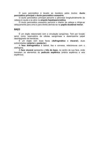 O suco pancreático é levado ao duodeno pelos ductos: ducto
pancreático principal e ducto pancreático acessório.
O ducto pancreático principal percorre o pâncreas longitudinalmente da
cabeça à cauda e se abre na ampola hepatopancreática.
O ducto pancreático acessório percorre o interior da cabeça e dirige-se
obliquamente para cima e para direita abrindo-se na papila duodenal menor.
BAÇO
É um órgão relacionado com a circulação sangüínea. Tem por função
servir como reservatório de células sangüíneas e desempenha papel
desintegrador de hemácias.
É um órgão com duas faces (diafragmática e visceral), duas
extremidades (anterior e posterior).
A face diafragmática é lateral, lisa e convexa, relaciona-se com o
diafragma.
A face visceral apresenta o hilo do baço, no centro de sua face, onde
transitam os elementos do pedículo esplênico (artéria esplênica e veia
esplênica).
 