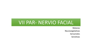VII PAR- NERVIO FACIAL
Motoras
Neurovegetativas
Sensoriales
Sensitivas
 