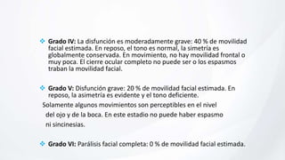  Grado IV: La disfunción es moderadamente grave: 40 % de movilidad
facial estimada. En reposo, el tono es normal, la simetría es
globalmente conservada. En movimiento, no hay movilidad frontal o
muy poca. El cierre ocular completo no puede ser o los espasmos
traban la movilidad facial.
 Grado V: Disfunción grave: 20 % de movilidad facial estimada. En
reposo, la asimetría es evidente y el tono deficiente.
Solamente algunos movimientos son perceptibles en el nivel
del ojo y de la boca. En este estadio no puede haber espasmo
ni sincinesias.
 Grado VI: Parálisis facial completa: 0 % de movilidad facial estimada.
 