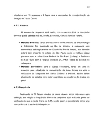 153
distribuída em 13 semanas e 4 fases para a campanha de conscientização de
Doação de Tecido Ósseo.
4.6.2 Alcance
O alcance da campanha será médio, pois o mercado total da campanha
envolve quatro Estados: Rio de Janeiro, São Paulo, Santa Catarina e Paraná.
 Mercado Primário: Tendo em vista que o INTO (Instituto de Traumatologia
e Ortopedia) fica localizado no Rio de Janeiro, a campanha será
concentrada estrategicamente no Estado do Rio de Janeiro, mas também
estará bem presente no estado de São Paulo, como o instituto possui
parcerias com a Universidade Federal de São Paulo (Unifesp) e Prefeitura
de São Paulo, com o Hospital Municipal Dr. Arthur Ribeiro de Saboya, no
Jabaquara.
 Mercado Secundário: para o público secundário, tendo em vista os
aspectos para relevância da comunicação do tema, temos em vista a
veiculação da campanha em Santa Catarina e Paraná, devido serem
atualmente os estados com maior quantidade de doadores de órgãos em
geral.
4.6.3 Frequência
Analisando os 17 fatores citados na tabela abaixo, sendo relevantes para
definição em relação à frequência efetiva da campanha aqui realizada, pode ser
verificado de que a média final é de 5.11, sendo assim, é considerada como uma
campanha que possui média frequência.
 