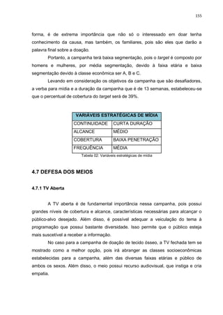155
forma, é de extrema importância que não só o interessado em doar tenha
conhecimento da causa, mas também, os familiares, pois são eles que darão a
palavra final sobre a doação.
Portanto, a campanha terá baixa segmentação, pois o target é composto por
homens e mulheres, por média segmentação, devido à faixa etária e baixa
segmentação devido à classe econômica ser A, B e C.
Levando em consideração os objetivos da campanha que são desafiadores,
a verba para mídia e a duração da campanha que é de 13 semanas, estabeleceu-se
que o percentual de cobertura do target será de 39%.
VARIÁVEIS ESTRATÉGICAS DE MÍDIA
CONTINUIDADE CURTA DURAÇÃO
ALCANCE MÉDIO
COBERTURA BAIXA PENETRAÇÃO
FREQUÊNCIA MÉDIA
Tabela 02: Variáveis estratégicas de mídia
4.7 DEFESA DOS MEIOS
4.7.1 TV Aberta
A TV aberta é de fundamental importância nessa campanha, pois possui
grandes níveis de cobertura e alcance, características necessárias para alcançar o
público-alvo desejado. Além disso, é possível adequar a veiculação do tema à
programação que possui bastante diversidade. Isso permite que o público esteja
mais suscetível a receber a informação.
No caso para a campanha de doação de tecido ósseo, a TV fechada tem se
mostrado como a melhor opção, pois irá abranger as classes socioeconômicas
estabelecidas para a campanha, além das diversas faixas etárias e público de
ambos os sexos. Além disso, o meio possui recurso audiovisual, que instiga e cria
empatia.
 