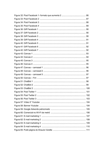 Figura 32: Post Facebook 1- formato que aumenta 2 .......................................... 86
Figura 33: Post Facebook 2 ................................................................................ 87
Figura 34: Post Facebook 3 ................................................................................ 88
Figura 35: Post Facebook 4 ................................................................................ 89
Figura 36: Giff Facebook 1 .................................................................................. 90
Figura 37: Giff Facebook 2 .................................................................................. 90
Figura 38: Giff Facebook 3 .................................................................................. 90
Figura 39: Giff Facebook 4 .................................................................................. 91
Figura 40: Giff Facebook 5 .................................................................................. 91
Figura 41: Giff Facebook 6 .................................................................................. 92
Figura 42: Giff Facebook 7 .................................................................................. 92
Figura 43: Canvas 1 ............................................................................................ 93
Figura 44: Canvas 2 ............................................................................................ 94
Figura 45: Canvas 3 ............................................................................................ 95
Figura 46: Canvas 4 ............................................................................................ 95
Figura 47: Canvas – carrossel 1 .......................................................................... 96
Figura 48: Canvas – carrossel 2 .......................................................................... 96
Figura 49: Canvas – carrossel 3 .......................................................................... 97
Figura 50: Canvas – Fim ..................................................................................... 97
Figura 51: ChatBot 1 ........................................................................................... 98
Figura 52: ChatBot 2 ........................................................................................... 99
Figura 53: ChatBot 3 ........................................................................................... 100
Figura 54: Post Twitter 1 ..................................................................................... 101
Figura 55: Post Twitter 2 ..................................................................................... 102
Figura 56: Post Twitter 3 ..................................................................................... 103
Figura 57: Vídeo 5” Youtube ............................................................................... 104
Figura 58: Banner Youtube ................................................................................. 104
Figura 59: Google Adwords patrocinado ............................................................. 105
Figura 60: Comercial no WI-FI de metrô ............................................................. 106
Figura 61: E-mail marketing 1 ............................................................................. 107
Figura 62: E-mail marketing 2 ............................................................................. 108
Figura 63: E-mail marketing 3 ............................................................................. 109
Figura 64: E-mail marketing 4 ............................................................................. 110
Figura 65: Publi página do Drauzio Varella ......................................................... 111
 