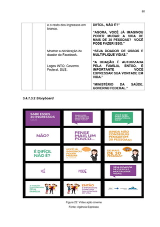 80
e o resto dos ingressos em
branco.
Mostrar a declaração de
doador do Facebook.
Logos INTO, Governo
Federal, SUS.
DIFÍCIL, NÃO É?”
“AGORA, VOCÊ JÁ IMAGINOU
PODER MUDAR A VIDA DE
MAIS DE 30 PESSOAS? VOCÊ
PODE FAZER ISSO.”
“SEJA DOADOR DE OSSOS E
MULTIPLIQUE VIDAS.”
“A DOAÇÃO É AUTORIZADA
PELA FAMÍLIA, ENTÃO, É
IMPORTANTE VOCÊ
EXPRESSAR SUA VONTADE EM
VIDA.”
“MINISTÉRIO DA SAÚDE.
GOVERNO FEDERAL.”
3.4.7.3.2 Storyboard
Figura 22: Vídeo ação cinema
Fonte: Agência Expresso
 