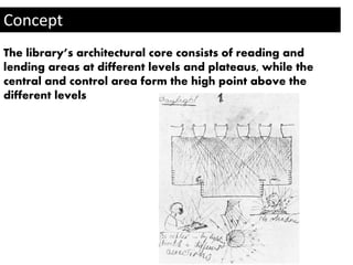 Concept 
The library’s architectural core consists of reading and 
lending areas at different levels and plateaus, while the 
central and control area form the high point above the 
different levels 
 