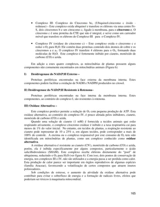 • Complexo III: Complexo do Citocromo bc1 (Ubiquinol:citocromo c óxido - 
redutase) – Este complexo oxida ubiquinol e transfere os elétrons via uma centro Fe- 
S, dois citocromos b e um citrocomo c1 ligado à membrana, para o citocromo c. O 
citocromo c é uma proteína da CTE que não é integral, e serve como um carreador 
móvel que transfere os elétrons do Complexo III para o Complexo IV. 
• Complexo IV (oxidase do citocromo c) – Este complexo oxida o citocromo c e 
reduz o O2 para H2O. Ele contém duas proteínas contendo dois átomos de cobre e os 
citocromos a e a3. O complexo IV transfere 4 elétrons para o O2, formando duas 
moléculas de H2O. Este complexo é fortemente inibido por cianeto, monóxido de 
carbono (CO) e azida. 
Em adição a estes quatro complexos, as mitocôndrias de plantas possuem alguns 
165 
componentes não comumente encontrados em mitocôndrias animais (Figura 6): 
I) Desidrogenase do NAD(P)H Externo – 
Proteínas periféricas encontradas na face externa da membrana interna. Estes 
componentes podem facilitar a oxidação de NADH e NADPH produzidos no citosol. 
II) Desidrogenase do NAD(P)H Resistente à Rotenona– 
Proteínas periféricas encontradas na face interna da membrana interna. Estes 
componentes, ao contrário do complexo I, são resistentes à rotenona. 
III) Oxidase Alternativa – 
Este complexo protéico permite a redução de O2 com pequena produção de ATP. Esta 
oxidase alternativa, ao contrário do complexo IV, é pouco afetada pelos inibidores, cianeto, 
monóxido de carbono (CO) e azida. 
Quando uma solução de cianeto (1 mM) é fornecida a tecidos animais que estão 
respirando ativamente, o complexo citocromo oxidase é inibido e a taxa respiratória cai para 
menos de 1% do valor inicial. No entanto, em tecidos de plantas, a respiração resistente ao 
cianeto pode representar de 10 a 25% e, em alguns tecidos, pode corresponder a mais de 
100% do controle. A enzima ou o complexo responsável por este consumo de O2 tem sido 
identificada em mitocôndrias de plantas, como um complexo conhecido como oxidase 
alternativa. 
A oxidase alternativa é resistente ao cianeto (CN-), monóxido de carbono (CO) e azida, 
porém, ela é inibida especificamente por alguns compostos, particularmente o ácido 
salicilhidroxâmico (SHAM). Este complexo recebe elétrons diretamente do “pool” de 
ubiquinona, reduzindo o O2 para H2O (ver figura 6). Com isso, dois pontos de conservação de 
energia, nos complexos III e IV, não são utilizados e a energia passa a ser perdida como calor. 
Esta produção de calor parece ser importante em órgãos reprodutivos de algumas espécies 
(família Araceae), favorecendo a volatilização de certos compostos que atraem insetos 
polinizadores. 
Sob condições de estresse, o aumento da atividade da oxidase alternativa pode 
contribuir para evitar o sobrefluxo de energia e a formação de radicais livres, efeitos que 
poderiam ser tóxicos à maquinaria mitocondrial. 
 