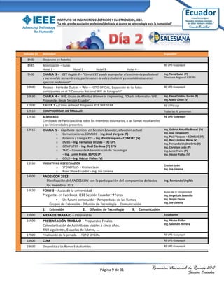INSTITUTO DE INGENIEROS ELÉCTRICOS Y ELECTRÓNICOS, IEEE.
                        “La más grande asociación profesional dedicada al avance de la tecnología para la humanidad”




Sábado 15   Actividad                                                                                        Expositor
  8h00      Desayuno en hoteles
  8h45      Movilización – Guías                                                                             RE UPS Guayaquil
            Hotel 1 -              Hotel 2 -       Hotel 3 -                Hotel 4 -
  9h00      CHARLA 3 – IEEE Región 9 – “Cómo IEEE puede acompañar el crecimiento profesional                 Ing. Tania Quiel (P)
            y personal de la membresía, partiendo en la vida estudiantil y consolidándose en el              Directora Regional IEEE R9
            ejercicio profesional”
 10h00      Receso - Feria de Dulces – Wie – FOTO OFICIAL. Exposición de las fotos                           RE UPS Guayaquil
            participantes en el “I Concurso Nacional WIE de Fotografía”
 10h30      CHARLA 4 – WIE, Grupo de Afinidad Women in Engineering, “Charla informativa WIE.                 Ing. Elena Cristina Durán (P)
            Propuestas desde Sección Ecuador”.                                                               Ing. María Chiok (V)
 11h00      TALLER 1 - ¿Cómo se hace? Programa IEEE WIE STAR                                                 RE UTPL Loja
 12h10      COMPROMISOS DE TRABAJO                                                                           Todas las RE presentes
 12h30      ALMUERZO                                                                                         RE UPS Guayaquil
            Certificado de Participación a todos los miembros voluntarios, a las Ramas estudiantiles
            y las Universidades presentes.
 13h15      CHARLA 5 – Capítulos técnicos en Sección Ecuador, situación actual.                              Ing. Gabriel Astudillo Brocel (V)
                     o    Comunicaciones COMSOC – Ing. José Vergara (P)                                      Ing. José Vergara (P)
                                                                                                             Ing. Paúl Vásquez – CONELEC (V)
                     o Potencia y Energía PES – Ing. Paúl Vásquez – CONELEC (V)
                                                                                                             Ing. Raúl Córdova Bayas (V)
                     o EMBS – Ing. Fernando Urgilés – (P) UPS                                                Ing. Fernando Urgilés Ortiz (P)
                     o COMPUTER – Ing. Raúl Córdova (V) EPN                                                  Ing. Christian León (P)
                     o TMC – Consejo de Administración de Tecnología                                         Ing. Lenin Freire (P)
                          – Ing. Lenin Freire, ESPOL (P)                                                     Ing. Héctor Fiallos (V)
                     o GOLD – Ing. Héctor Fiallos (V)
 13h30      INICIATIVAS IEEE ECUADOR
                                                                                                             Cristian León
                     o SPONDYLUS - Cristian León                                                             Ing. Joe Llerena
                     o Road Show Ecuador – Ing. Joe Llerena
 14h00      ANDESCON 2012
              Planificación del ANDESCON con la participación del compromiso de todos                        Ing. Fernando Urgilés
              los miembros IEEE
 14h20      FORO 3 – Aulas de la universidad                                                                 Aulas de la Universidad
            Preguntas en Facebook IEEE Sección Ecuador Foros                                                Ing. Jorge Luis Jaramillo
                      Un futuro construido – Perspectivas de las Ramas                                      Ing. Sergio Flores
                                                                                                             Ing. Joe Llerena
                Grupos de Extensión - Difusión de Tecnología - Comunicación
            1. Extensión              2. Difusión de Tecnología       3. Comunicación
 15h00      MESA DE TRABAJO – Propuestas                                                                     Estudiantes

 16h00      PRESENTACIÓN TRABAJO – Propuestas Finales                                                        Ing. Héctor Fiallos
                                                                                                             Ing. Salomón Herrera
            Calendarización de Actividades viables a cinco años.
            RNR siguientes, Escuelas de líderes, ….
 17h00      Finalización de la jornada - FOTO OFICIAL                                                        RE UPS Guayaquil

 18h00      CENA                                                                                             RE UPS Guayaquil

 19h00      Despedida a las Ramas Estudiantiles                                                              RE UPS Guayaquil




                                                          Página 9 de 31                           Reunión Nacional de Ramas 2011
                                                                                                                                 Sección Ecuador
 