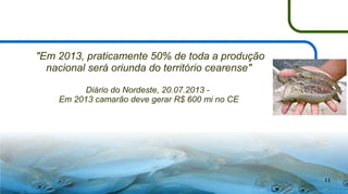 "Em 2013, praticamente 50% de toda a produção
nacional será oriunda do território cearense"
Diário do Nordeste, 20.07.2013 Em 2013 camarão deve gerar R$ 600 mi no CE

11

 