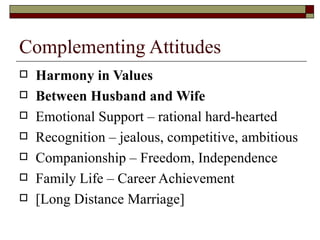 Complementing Attitudes Harmony in Values Between Husband and Wife Emotional Support – rational hard-hearted Recognition – jealous, competitive, ambitious Companionship – Freedom, Independence  Family Life – Career Achievement [Long Distance Marriage] 