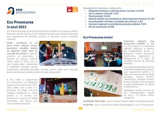 Viitor Plus | pentru oameni și natură Raportul Anual 2022 | Viitor Plus
27
Eco Provocarea
în anul 2022
Eco Provocarea este un program educațional complex, ce propune cadrelor
didactice, elevilor de liceu și de învățământ primar și gimnazial din întreaga
țară organizarea de activități practice și educative pentru protecția
mediului.
Astfel, contribuim la cel
de-al IV-lea obiectiv pentru
dezvoltare durabilă stabilit
de Națiunile Unite (SDG 4):
educație de calitate. În special,
urmărim să participăm la
direcția de acțiune conform
căreia “până în 2030, toți cei
care învață obțin cunoștințele
și abilitățile necesare pentru
promovarea dezvoltării durabile, inclusiv, printre altele, prin educație
pentru dezvoltare durabilă și stiluri de viață sustenabile”.
A XI-a ediție a programului
Eco Provocarea s-a desfășurat
pe parcursul anului școlar 2021-
2022, ediție care a adus și o
premieră. Pe lângă concursul
național, desfășurat în cadrul
școlilor și al liceelor, Eco
Provocarea a ajuns și în rândul
studenților, sub forma unui
concurs despre reciclare.
Rezultate Eco Provocarea - ediția a XI-a
• Kilograme de deșeuri colectate pentru reciclare: 151.829
• Saci cu deșeuri colectați: 1.623
• Puieți plantați: 53.264
• Obiectevândutesauschimbateîncadrultârgurilortematice:47.139
• Ecoambasadori (membri ai echipelor de concurs): 1.421
• Voluntari implicați în activități de protecția mediului: 9.974
• Ore de voluntariat: 20.998
Eco Provocarea Juniori
Concursul Național Eco
Provocarea JUNIORI se află
la a III-a ediție și se adresează
cadrelor didactice și elevilor
din învățământul primar și
gimnazial. Cadrul presupune
planificarea, organizarea și
desfășurarea a 4 tipuri de
activități practice de protecția
mediului.
Înschimbulactivitățilorpractice
șiteoretice,desfășurateconform
unui regulament stabilit și în
baza unor rapoarte de activitate
periodice, trimise conform
calendarului, echipele primesc
puncte. Acestea se acumulează
și ajută participanții să obțină
marele premiu.
Câștigătorii acestui concurs au
fost echipele/școlile clasate
pe locul I la fiecare dintre
categoriile:
ECONOMIE CIRCULARĂ - Locul 1: Palatul Copiilor Galați, cu 65.208 de puncte.
PLANTĂRI-Locul1:ȘcoalaGimnazială„FloreaBogdan”,cu12.779depuncte.
 