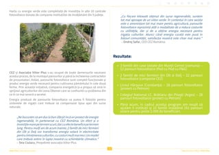 Viitor Plus | pentru oameni și natură Raportul Anual 2022 | Viitor Plus
33
Harta cu energie verde este completată de investiția în alte 10 centrale
fotovoltaice donate de companie instituțiilor de învățământ din 9 județe.
CEZ și Asociația Viitor Plus s-au ocupat de toate demersurile necesare
acestui proces, de la montajul panourilor și până la încheierea contractelor
de prosumatori. Astăzi, panourile fotovoltaice sunt complet funcționale și
produc energie verde necesară pentru cultivarea pământului în cele două
ferme. Prin această inițiativă, compania energetică și-a propus să vină în
sprijinul agricultorilor din zona Olteniei care se confruntă cu problema din
ce în ce mai severă a secetei.
Energia produsă de panourile fotovoltaice va putea fi folosită pentru
sistemele de irigații care trebuie să compenseze lipsa apei din surse
naturale.
„Ne bucurăm că am dus la bun sfârșit încă un proiect de energie
regenerabilă, în parteneriat cu CEZ România. Un efort și o
investițiemarepetermenscurt,darcuefectebeneficepetermen
lung. Pentru mulți ani de acum înainte, 2 familii de mici fermieri
din Olt și Dolj vor transforma energia solară în electricitate
pentruîntreținereaculturilor,cucosturimultmaimici.Unmodel
care trebuie extins în lupta noastră cu schimbările climatice.”
– Teia Ciulacu, Președinte asociația Viitor Plus.
„Cu fiecare kilowatt obținut din surse regenerabile, suntem
tot mai aproape de un viitor verde. În contextul în care seceta
este o amenințare tot mai mare pentru agricultură, panourile
fotovoltaice reprezintă atât o modalitate de a reduce costurile
cu utilitățile, dar și de a obține energia necesară pentru
irigația culturilor. Atunci când energia curată este pusă în
folosul comunității, satisfacția noastră este chiar mai mare.”
– Ondrej Safar, CEO CEZ România.
Rezultate:
• 3 familii din case izolate din Munții Cernei (comuna) –
12 panouri fotovoltaice (Pod cu Pod cu P&G)
• 2 familii de mici fermieri din Olt și Dolj – 22 panouri
fotovoltaice (campanie CEZ)
• Liceul Hârșova (Constanța) – 28 panouri fotovoltaice
(proiect cu Petrom)
• Colegiul National I.C. Brătianu din Pitești (Arges) – 28
panouri fotovoltaice (proiect cu Petrom)
• Până acum, în cadrul acestui program am reușit să
ajutăm 5 instituții și 15 familii instalând 161 panouri
solare pentru peste 2.000 de beneficiari.
 