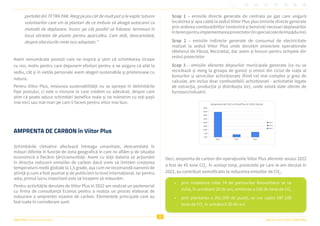 38
Raportul Anual 2022 | Viitor Plus
Viitor Plus | pentru oameni și natură
portofel din TETRA PAK. Merg pe jos cât de mult pot și le explic tuturor
voluntarilor care vin la plantari de ce trebuie să aleagă autocarul ca
metodă de deplasare. Încerc pe cât posibil să folosesc termosul în
locul sticlelor de plastic pentru apă/cafea. Cam atât, deocamdată,
despre obiceiurile mele eco adoptate.”
Avem nenumărate povești care ne inspiră și știm că schimbarea începe
cu noi, motiv pentru care depunem eforturi pentru a ne asigura că atât la
sediu, cât și în viețile personale avem alegeri sustenabile și prietenoase cu
natura.
Pentru Viitor Plus, misiunea sustenabilității nu se oprește în delimitările
fișei postului, ci este o misiune în care credem cu adevărat, despre care
știm că poate aduce schimbări benefice reale și ne mândrim cu toți pașii
mai mici sau mai mari pe care îi facem pentru viitor mai bun.
AMPRENTA DE CARBON în Viitor Plus
Schimbările climatice afectează întreaga umanitate, deocamdată în
măsuri diferite în funcție de zona geografică în care ne aflăm și de situația
economică a fiecărei țări/comunități. Avem cu toții datoria să acționăm
în direcția reducerii emisiilor de carbon dacă vrem să limităm creșterea
temperaturii medii globale la 1,5 grade, așa cum ne recomandă oamenii de
știință și cum a fost asumat și de politicieni la nivel internațional. Iar pentru
asta, primul lucru important este să începem să măsurăm.
Pentru activitățile derulate de Viitor Plus în 2022 am realizat un parteneriat
cu firma de consultanță Econos pentru a realiza un proces elaborat de
măsurare a amprentei noastre de carbon. Elementele principale care au
fost luate în considerare sunt:
Scop 1 – emisiile directe generate de centrala pe gaz care asigură
încalzirea și apa caldă la sediul Viitor Plus plus emisiile directe generate
prin arderea combustibililor (motorină și benzină) necesari deplasărilor
înterenpentruimplementareaproiectelor(înspecialceledeîmpădurire)
Scop 2 – emisiile indirecte generate de consumul de electricitate
realizat la sediul Viitor Plus unde derulăm proiectele operaționale
(Atelierul de Pânză, Recicleta), dar avem și birouri pentru echipele din
restul proiectelor
Scop 3 – emisiile aferente deșeurilor municipale generate (ce nu se
reciclează și merg la groapa de gunoi) și emisii din ciclul de viață al
bunurilor și serviciilor achiziționate (fiind cel mai complex și greu de
calculat, am inclus doar combustibilii achiziționati - activitatile legate
de extracția, producția și distribuția lor), unde există date oferite de
furnizori/industrii.
Deci, amprenta de carbon din operațiunile Viitor Plus aferente anului 2022
a fost de 45 tone CO2
. În același timp, proiectele pe care le-am derulat în
2022, au contribuit semnificativ la reducerea emisiilor de CO2
:
• prin instalarea celor 74 de panourilor fotovoltaice se va
evita, în următorii 20 de ani, emiterea a 330 de tone de CO2
• prin plantarea a 261.000 de puieți, se vor capta 287.100
tone de CO2
în următorii 50 de ani.
 