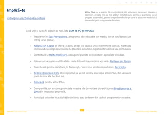 Viitor Plus | pentru oameni și natură Raportul Anual 2022 | Viitor Plus
47
Dacă vrei și tu să fii alături de noi, iată CUM TE POȚI IMPLICA:
• Înscrie-te în Eco Provocarea, programul de educație de mediu ce se desfășoară pe
întreg anul școlar,
• Adoptă un Copac și oferă-l cadou dragi cu ocazia unui eveniment special. Participă
împreunăcucolegiilasesiuniledeplantaredearbori,organizatetoamnasauprimăvara.
• Contribuie la Harta Reciclării, adăugând puncte de colectare apropiate de casă,
• Folosește sacoșele reutilizabile create într-o întreprindere socială - Atelierul de Pânză,
• Colectează pentru reciclare, în București, cu cel mai eco transportator - Recicleta,
• Redirecționează 3,5% din impozitul pe venit pentru asociația Viitor Plus, din ianuarie
până în mai ale fiecărui an,
• Donează pentru Viitor Plus,
• Companiile pot susține proiectele noastre de dezvoltare durabilă prin direcționarea a
20% din impozitul pe profit,
• Participă voluntar în activitățile de birou sau de teren din cadrul programelor noastre.
Implică-te
viitorplus.ro/doneaza-online
Viitor Plus nu ar exista fără susținătorii săi: voluntari, parteneri, donatori,
sponsori. Aceștia ne-au fost alături întotdeauna pentru a participa la un
progres sustenabil, pentru crește beneficiile pe care le aducem mediului și
oamenilor prin programele derulate.
 