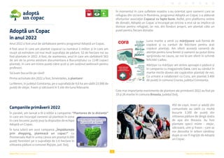 Viitor Plus | pentru oameni și natură Raportul Anual 2022 | Viitor Plus
5
Adoptă un Copac
în anul 2022
Anul 2022 a fost unul de sărbătoare pentru programul Adoptă un Copac.
A fost anul în care am plantat copacul cu numărul 1 milion și în care am
reușit să extindem cel mai mult suprafața de pădure. 52 de hectare noi au
fost plantate în 2022. A fost, de asemenea, anul în care am sărbătorit 563
de ani de la prima atestare documentara a Bucureștiului cu 1148 copaci
plantați, în care am trimis puieți către școli și am susținut webinarii pentru
profesori.
Să luam bucuriile pe rând!
Prima activitate din 2022 a fost, bineînțeles, o plantare!
La Mereni, în județul Constanța, pe o suprafață de 4,6 ha am sădit 23.000 de
puieți de stejar, frasin și sălcioară în 5 zile din luna februarie.
Campaniile primăverii 2022
În paralel, am lansat a IV-a ediție a campaniei “Plantarea de la distanță”
în care am încurajat oamenii să planteze în zona
în care locuiesc puieți puși la dispoziție de echipa
Adoptă un Copac.
În luna iubirii am avut campania „Împădurește
prin shopping, plantează un copac!” cu
Promenada Mall în urma căreia am plantat 8.000
puieți forestieri pe o suprafață de 1.6 hectare în
viitoarea pădure a comunei Rojiște, jud. Dolj.
În momentul în care sufletele noastre s-au orientat spre oamenii care se
refugiau din Ucraina în România, programul Adoptă un Copac s-a alăturat
eforturilor asociației Copacul cu fapte bune. Astfel, prin platforma online
de donații, Adoptă un Copac a încurajat pe oricine a vrut să se implice să
doneze pentru refugiați, iar noi, din fonduri proprii, am plantat câte un
puiet pentru fiecare donație.
Luna martie a venit cu mărțișoare sub formă de
copăcei și cu carduri de felicitare pentru acei
copăcei plantați. Am oferit această variantă de
atenție pentru luna femeii și oamenii au putut dona
sprijinindu-ne cauza, iar noi le-am oferit în schimb
felicitări cadou.
Mărțișor cu mărțișor am strâns aproape o pădure și
în campania cu magazinele Cora, care au vândut în
martie micile dovezi ale copăceilor plantați de noi.
Ca urmare a colaborării cu Cora, am plantat 3.400
de puieți în comuna Crucea, județul Constanța.
Cele mai importante evenimente de plantare ale primăverii 2022 au fost pe
19 și 26 martie în comuna Breasta, județul Dolj.
450 de copii, tineri și adulți din
comunitate au sădit cu multă
bucurie 3.200 de puieți din
viitoarea pădure de lângă stația
de apa din Breasta. Au fost
plantate specii mixte - stejar,
sălcioară, ulm și frasin - care se
vor dezvolta în arbori sănătoși
după ce vor fi îngrijiți de Adoptă
un Copac.
 