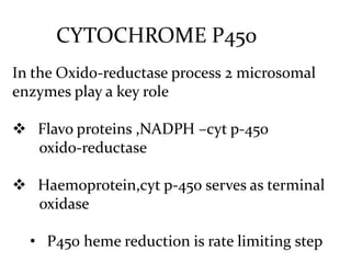 CYTOCHROME P450
In the Oxido-reductase process 2 microsomal
enzymes play a key role

 Flavo proteins ,NADPH –cyt p-450
  oxido-reductase

 Haemoprotein,cyt p-450 serves as terminal
  oxidase

  • P450 heme reduction is rate limiting step
 