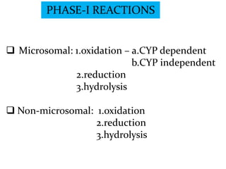  Microsomal: 1.oxidation – a.CYP dependent
                            b.CYP independent
              2.reduction
              3.hydrolysis

 Non-microsomal: 1.oxidation
                  2.reduction
                  3.hydrolysis
 